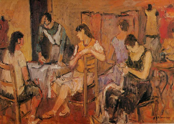 Sartoria, 1964-’65, olio su tela, cm 50x70, Roma, collezione privata